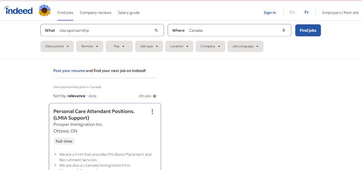 Image of Indeed Visa sponsorship job page