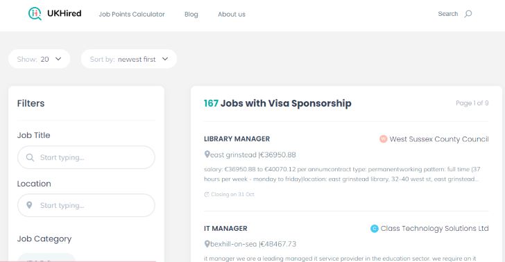 Image of UK Hired Visa sponsorship jobs page