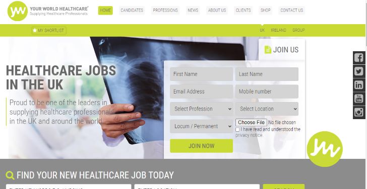 An image of YourWorld HealthCare visa sponsorship jobs page